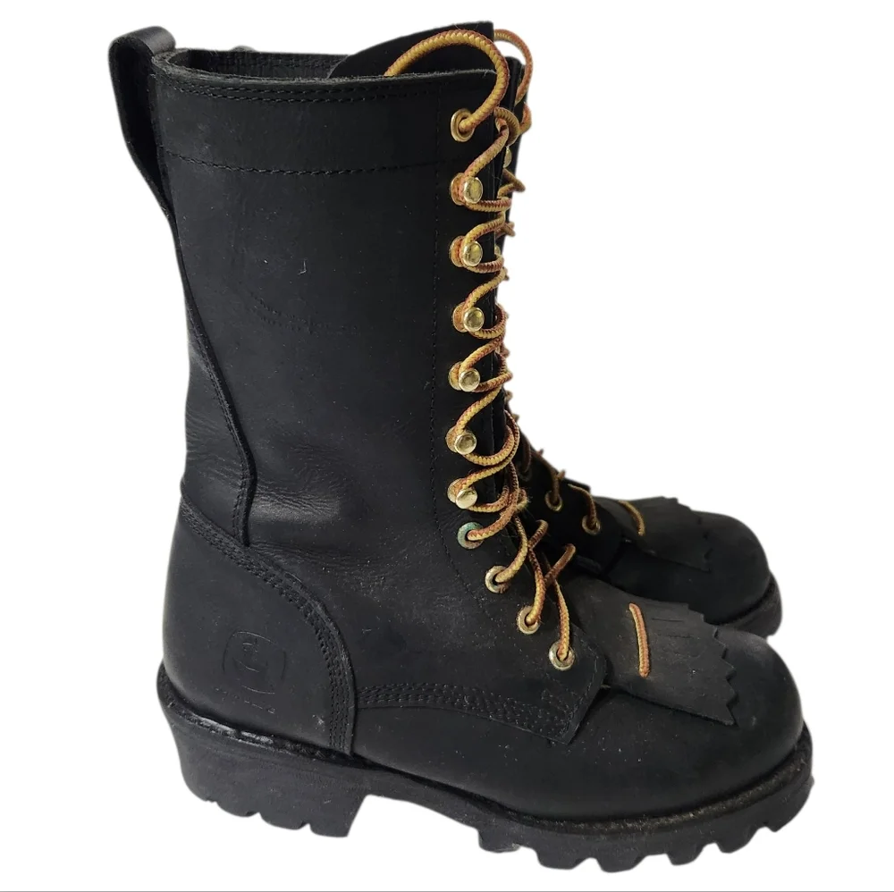 John Deere Black Leather Kiltie Lace-Up Steel Toe Boots Size 7 Like New!